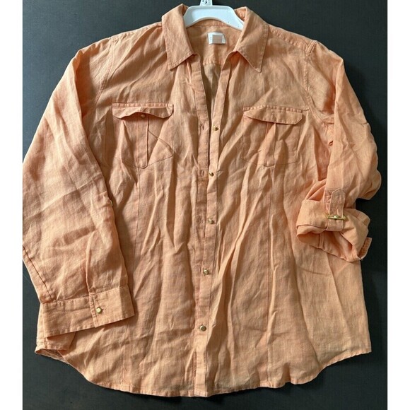 chicos linen shirt orange gold button down roll tab sleeves 100% linen size 2/ L - Picture 5 of 13